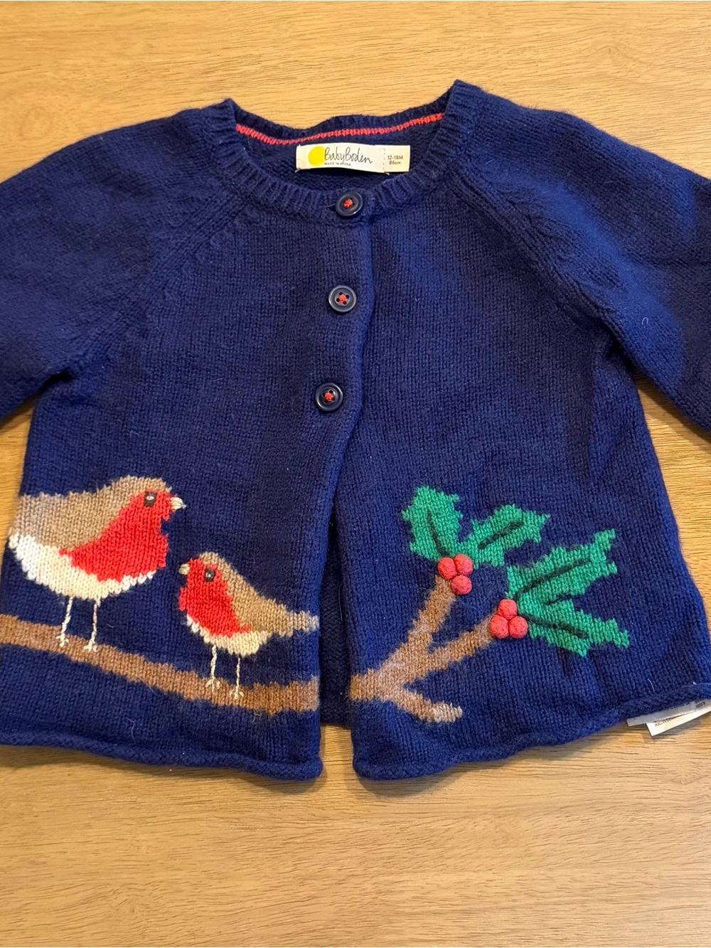 Boden Navy Knit Holiday Cardigan with Robin Motif